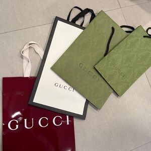 Set of FOUR Gucci Paper Shopping Bags in Green and Burgundy